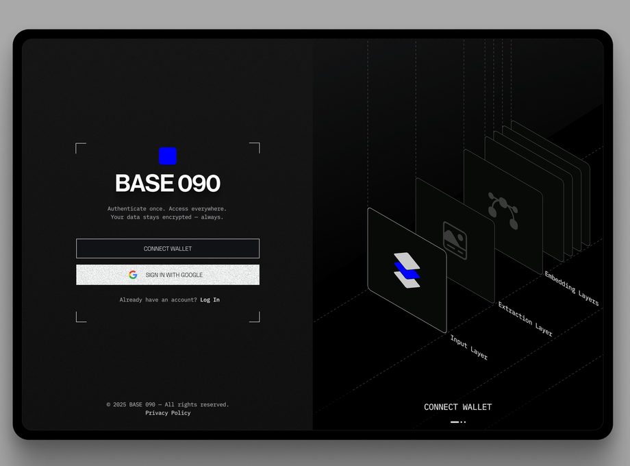 BASE 090 — sign-in screen with Connect wallet and Sign in with Google